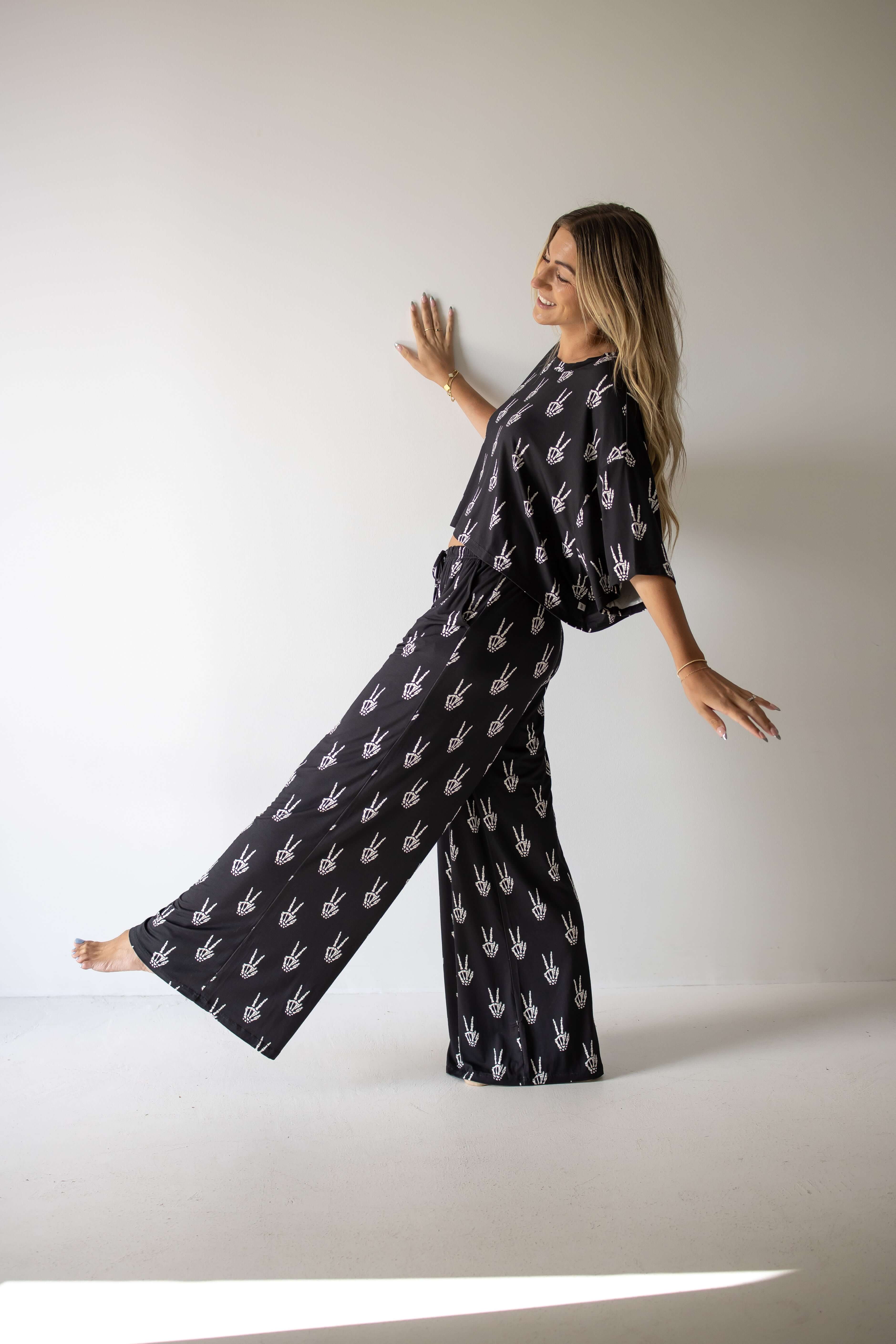 Midnight Skelly | Women's Bamboo Crop Tee Lounge Set | Discover the Women's Bamboo Lounge Set! Enjoy breathable, flattering styles perfect for lounging in comfort and style. | Milk & Baby