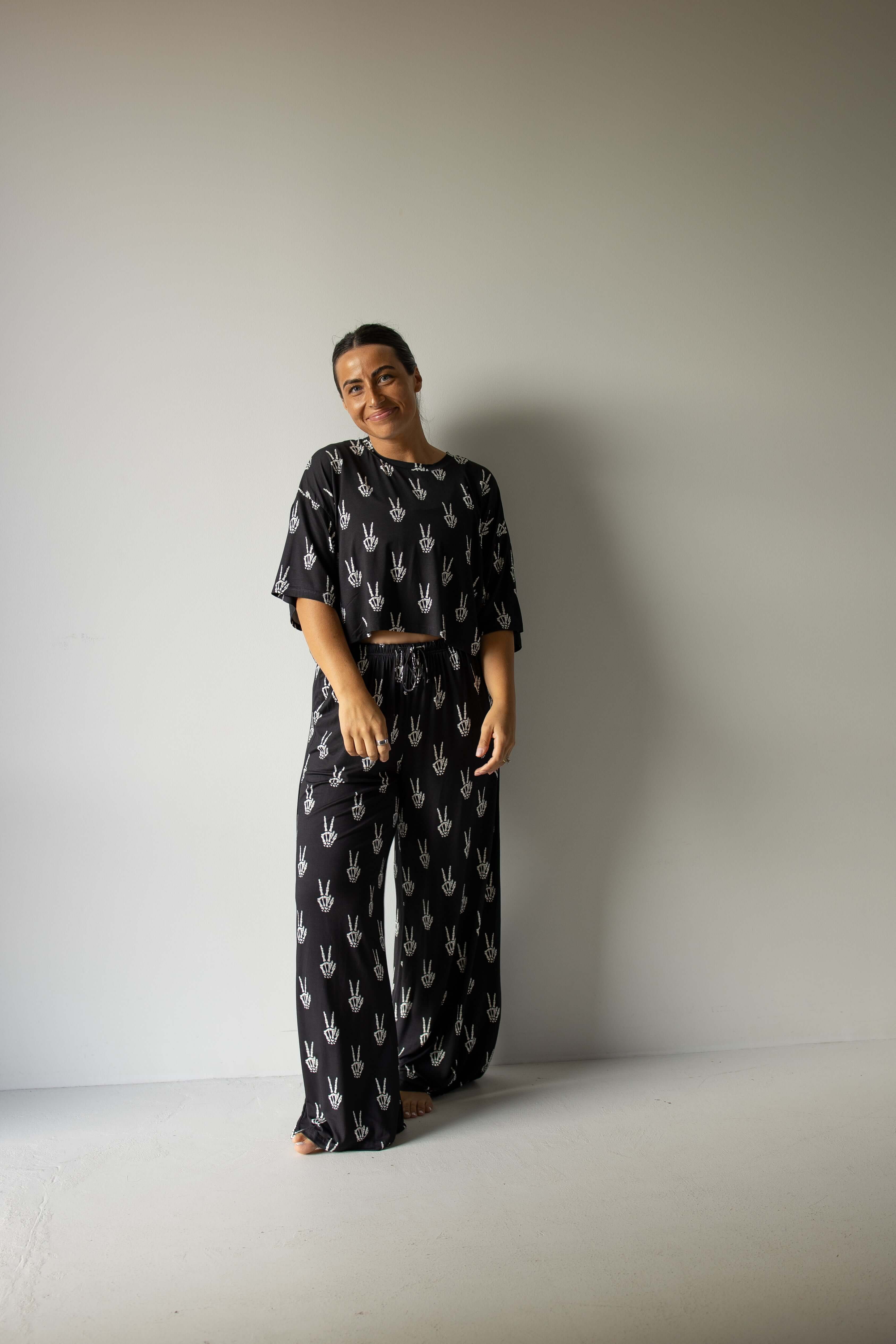 Midnight Skelly | Women's Bamboo Crop Tee Lounge Set | Discover the Women's Bamboo Lounge Set! Enjoy breathable, flattering styles perfect for lounging in comfort and style. | Milk & Baby