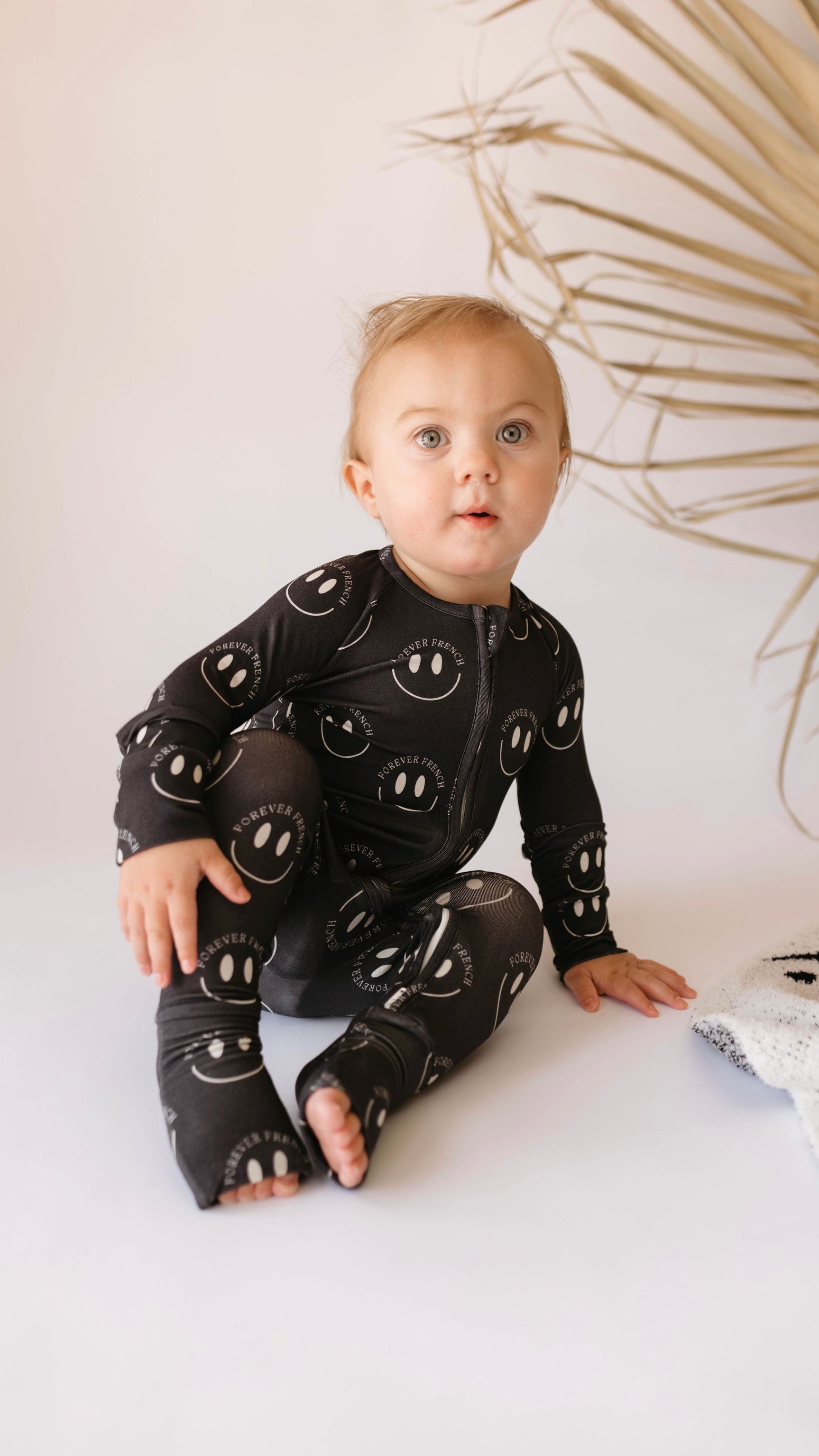 Charcoal & White ff Smile | Bamboo Zip Pajamas | Milk & Baby