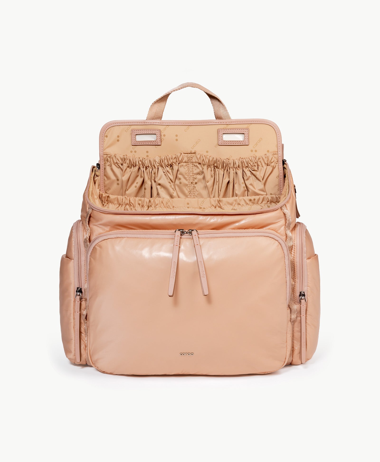 Caraa Baby Bag Medium in Blush Nylon with organized storage pockets and waterproof material.