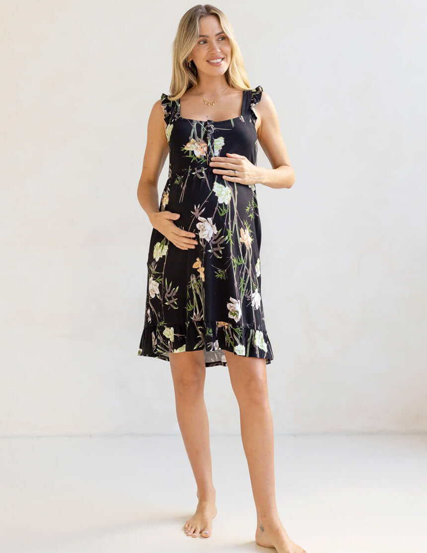 Grace Labor & Nursing Nightgown | Black Floral | Milk & Baby
