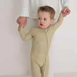 Willow Stripe Ribbed | Bamboo Zip Pajamas | Made of the softest premium bamboo. Durable and well designed your little ones can sleep and play in these cozy pajamas. All sizes have rollover cuffs on the hands and all of the one piece sizes have cuffs on th