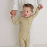 Willow Stripe Ribbed | Bamboo Zip Pajamas | Made of the softest premium bamboo. Durable and well designed your little ones can sleep and play in these cozy pajamas. All sizes have rollover cuffs on the hands and all of the one piece sizes have cuffs on th