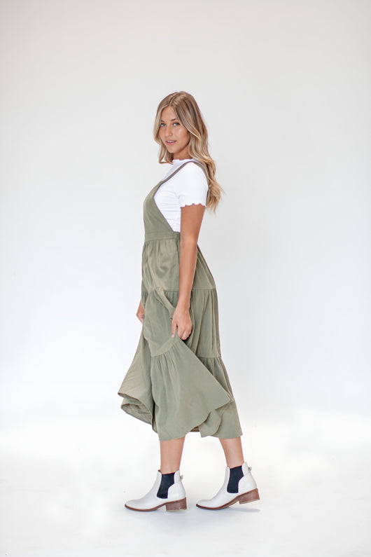 Shay Overall Dress in Olive Green | Nursing Friendly Milk & Baby