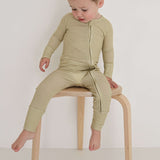 Willow Stripe Ribbed | Bamboo Zip Pajamas | Made of the softest premium bamboo. Durable and well designed your little ones can sleep and play in these cozy pajamas. All sizes have rollover cuffs on the hands and all of the one piece sizes have cuffs on th