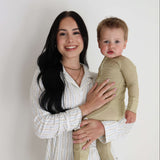 Willow Stripe Ribbed | Bamboo Zip Pajamas | Made of the softest premium bamboo. Durable and well designed your little ones can sleep and play in these cozy pajamas. All sizes have rollover cuffs on the hands and all of the one piece sizes have cuffs on th