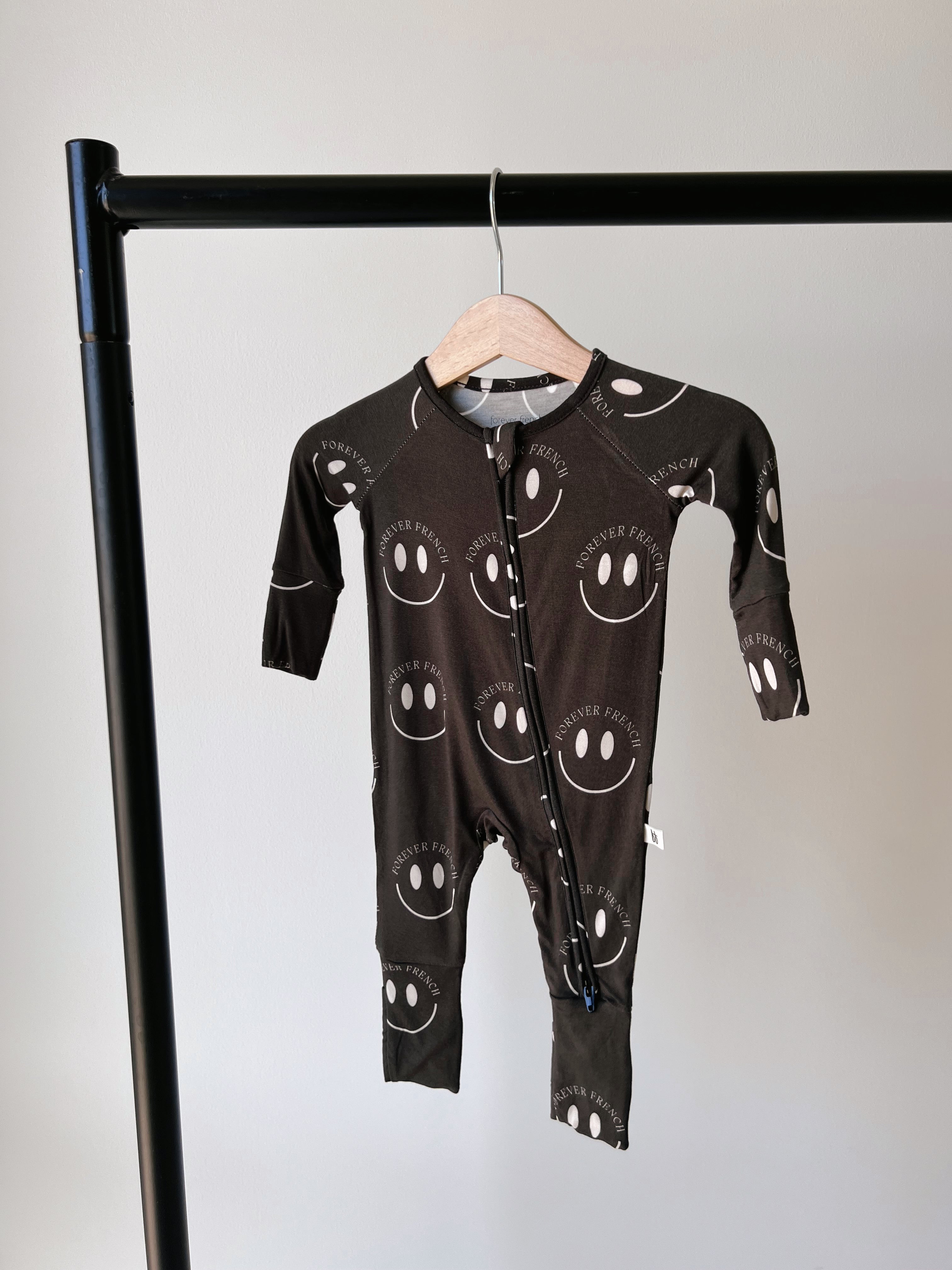 Charcoal & White ff Smile | Bamboo Zip Pajamas | Milk & Baby