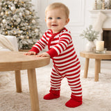Candy Cane Christmas Stripe Baby Zipper Romper - 100% Cotton | Bring on the cheer with this ultra-soft baby romper in candy cane red stripes! Crafted from 100% cotton with rich yarn-dyed stripes and vibrant red trim, it's the perfect blend of festive and