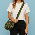 Classic Crossbody Diaper Bag | Camo | A compact, hands-free crossbody diaper bag in camo. Fits diapers, wipes and an 8oz bottle, with a changing sheet and RFID card slots. | Milk & Baby