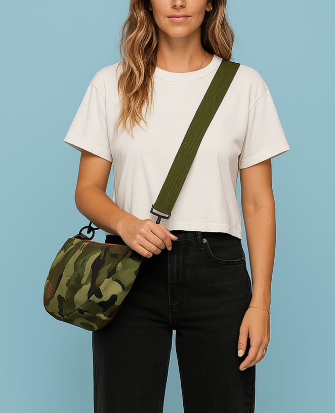 Classic Crossbody Diaper Bag | Camo | A compact, hands-free crossbody diaper bag in camo. Fits diapers, wipes and an 8oz bottle, with a changing sheet and RFID card slots. | Milk & Baby