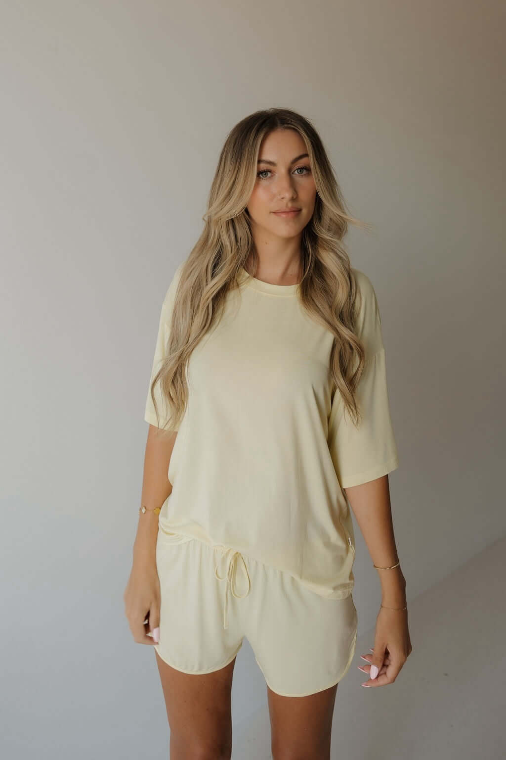 Women's Bamboo Short Set | Sunny | Milk & Baby | Made with a soft, premium bamboo blend, this set is perfect for warm weather. It includes an oversized t-shirt and matching drawstring shorts. Designed for all-day comfort and easy wear. Sizes Available: X-