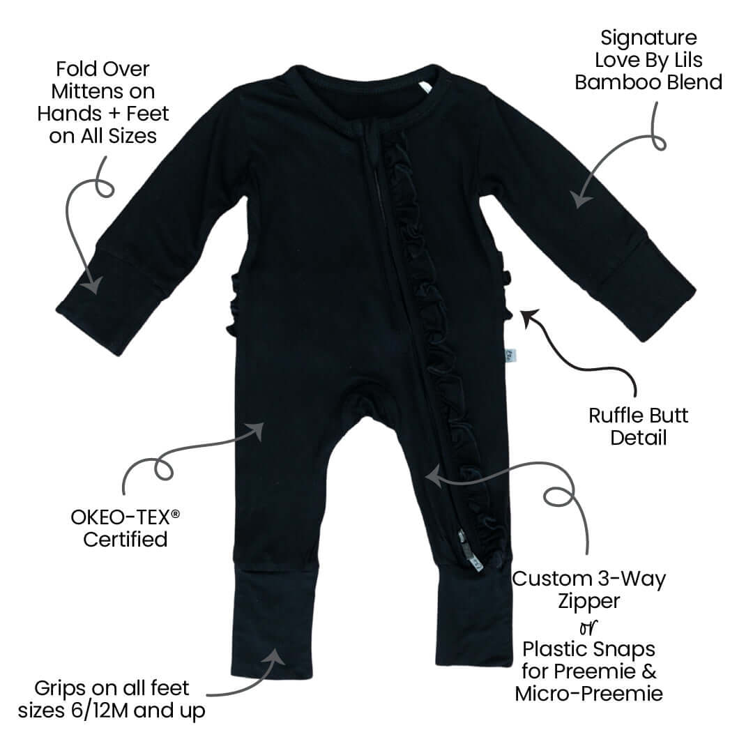 Allie Black Bamboo Ruffle Convertible Footie | Milk & Baby