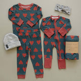 Navy + Red Hearts Ribbed Bamboo Zipper | Milk & Baby