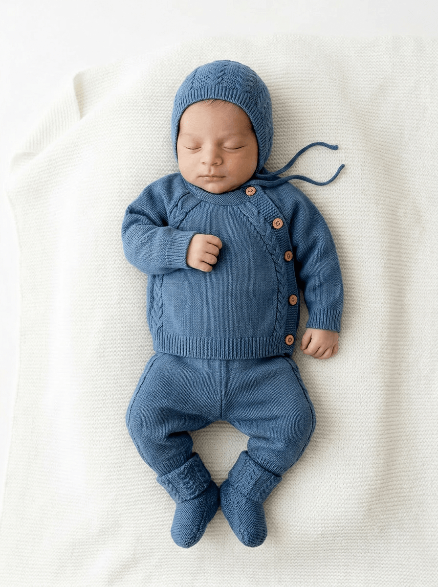 Bring Me Home Cable Knit Bundle | Denim Blue | Explore the Bring Me Home Cable Knit Bundle in denim blue! Perfect for cuddles and naps, crafted from organic cotton for ultimate comfort. | Milk & Baby