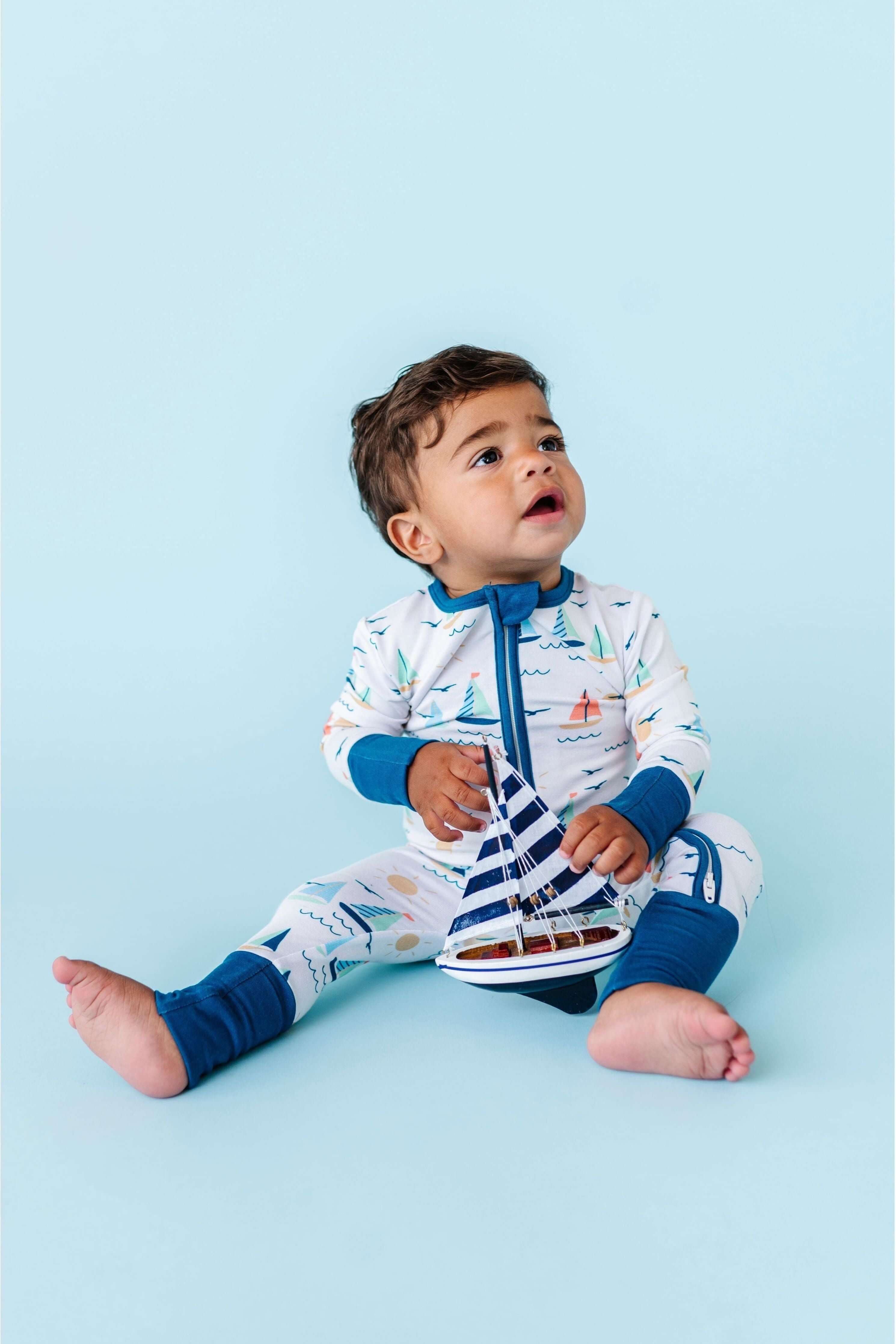 Bamboo One Piece Zip Pajama - Kai Sailboat | Milk & Baby