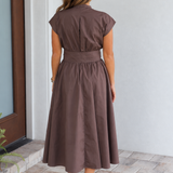 Cotton Poplin Tie Front Midi Dress | Chocolate Brown