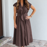 Cotton Poplin Tie Front Midi Dress | Chocolate Brown