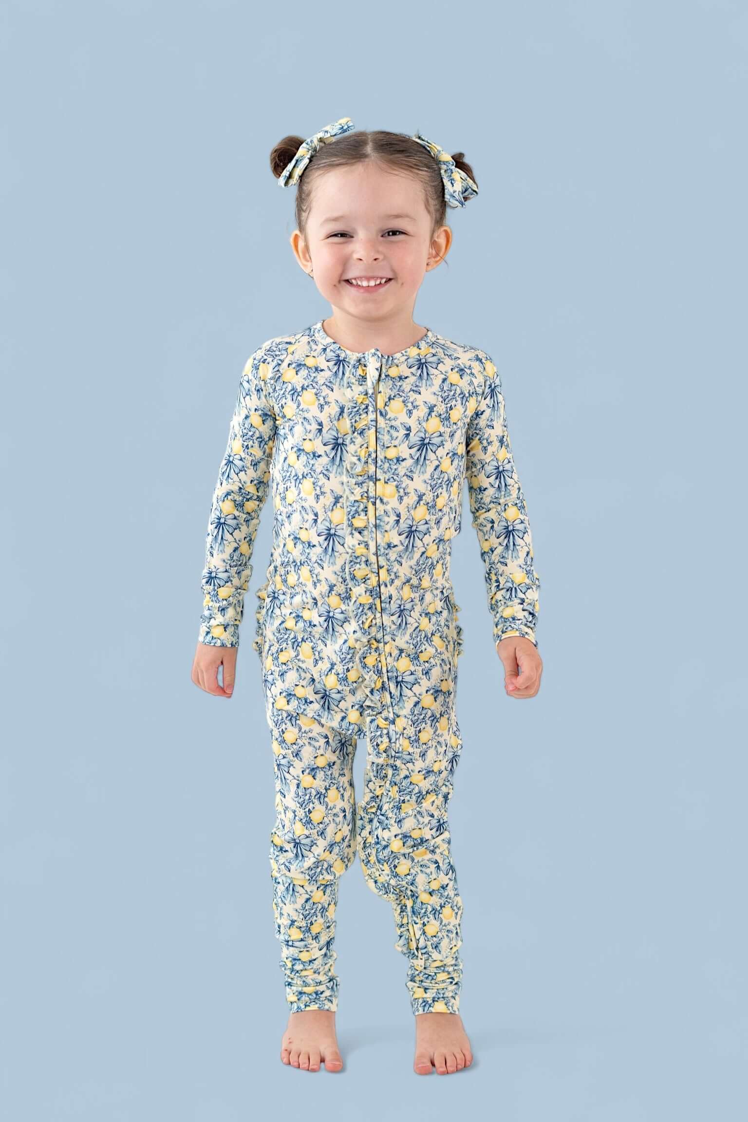 Vintage Citrus Toile Dream Ruffle Romper | Milk & Baby