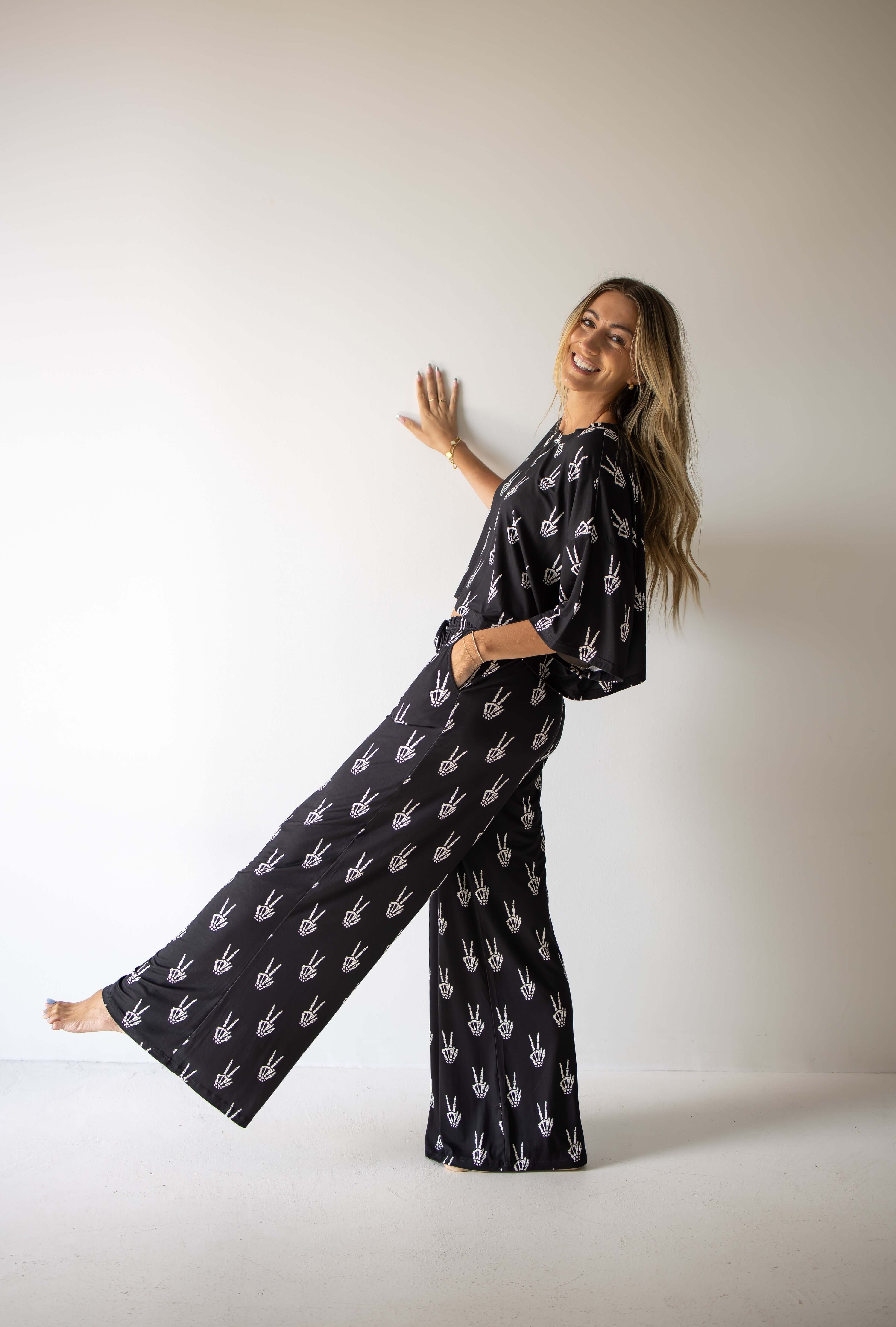Midnight Skelly | Women's Bamboo Crop Tee Lounge Set | Discover the Women's Bamboo Lounge Set! Enjoy breathable, flattering styles perfect for lounging in comfort and style. | Milk & Baby