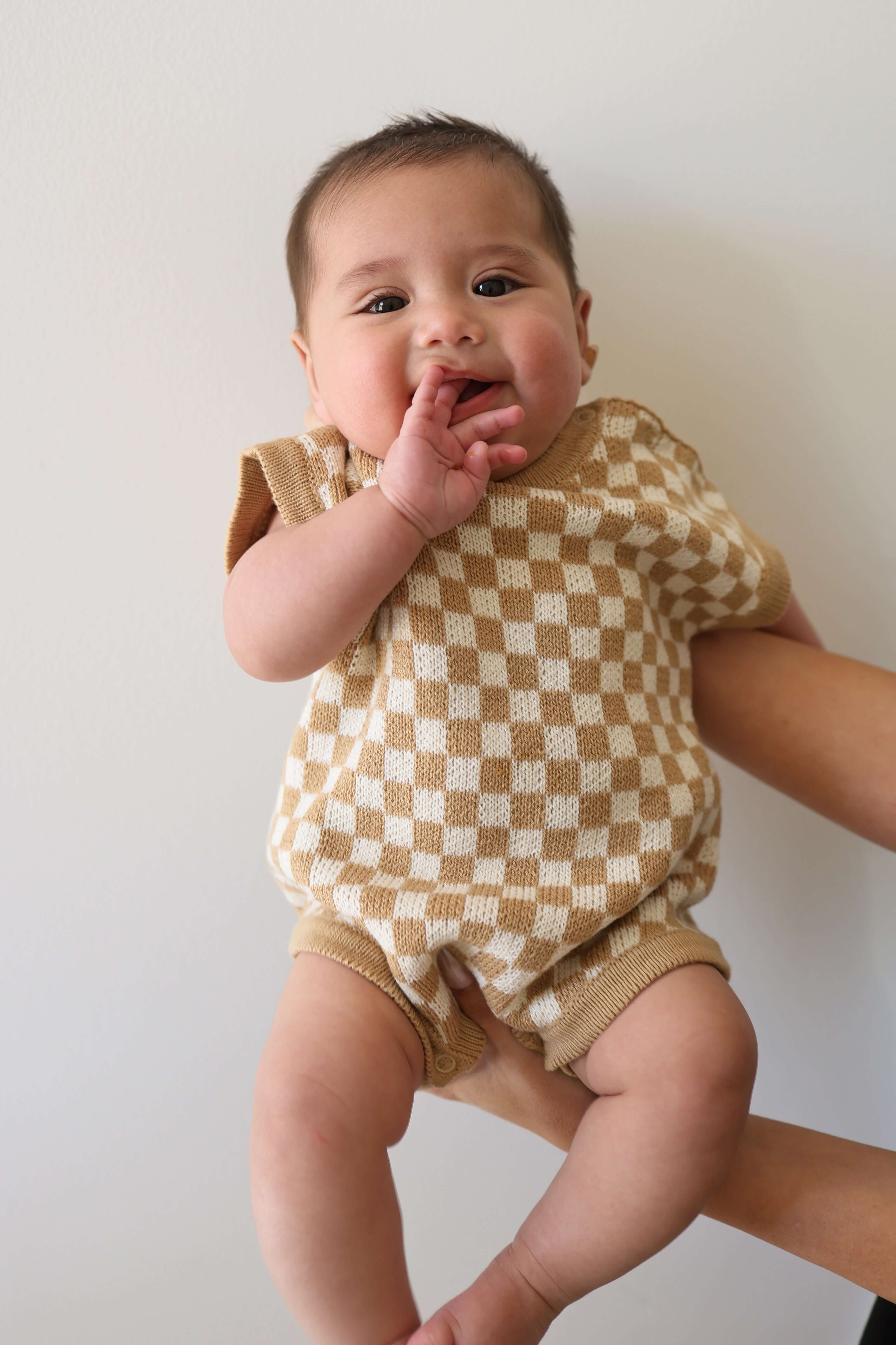 Latte Check | Knit Romper | Milk & Baby