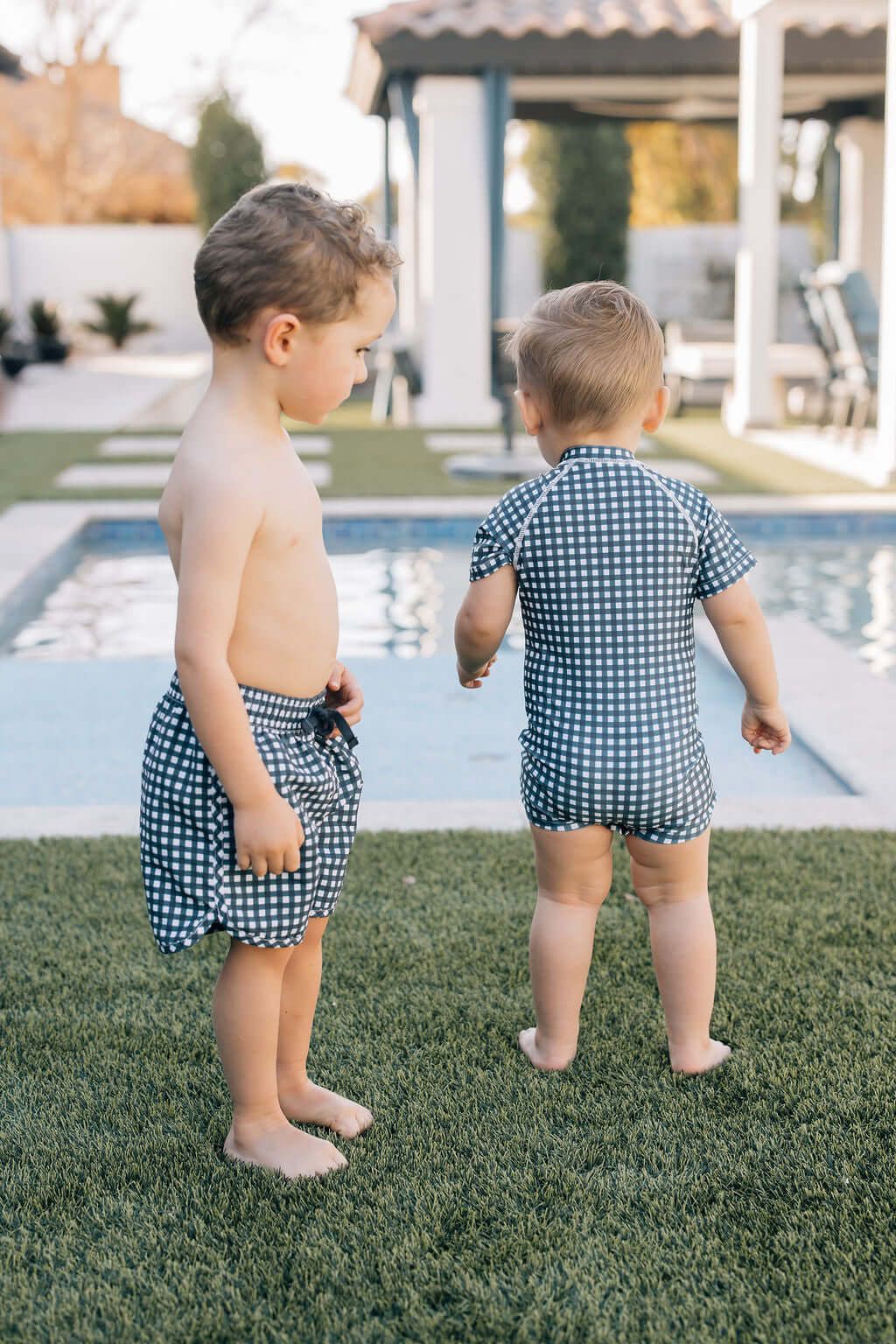 Navy Gingham Swim Shorts | Milk & Baby