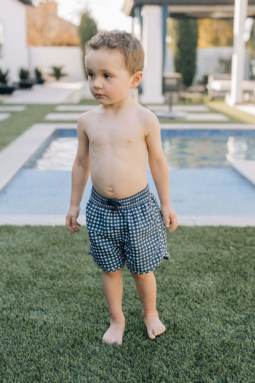 Navy Gingham Swim Shorts | Milk & Baby