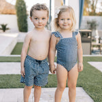 Navy Gingham Swim Shorts | Milk & Baby