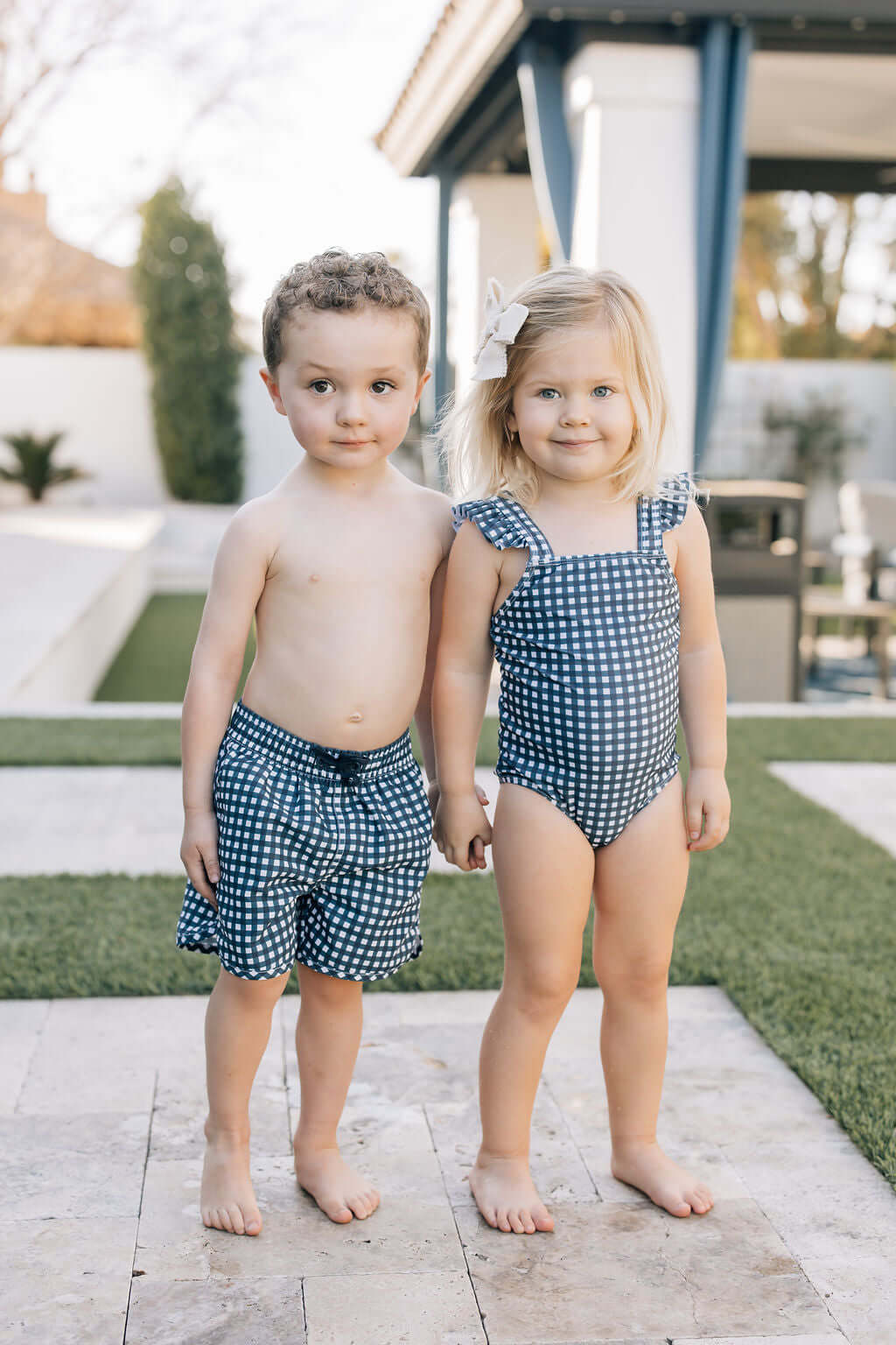 Navy Gingham Swim Shorts | Milk & Baby
