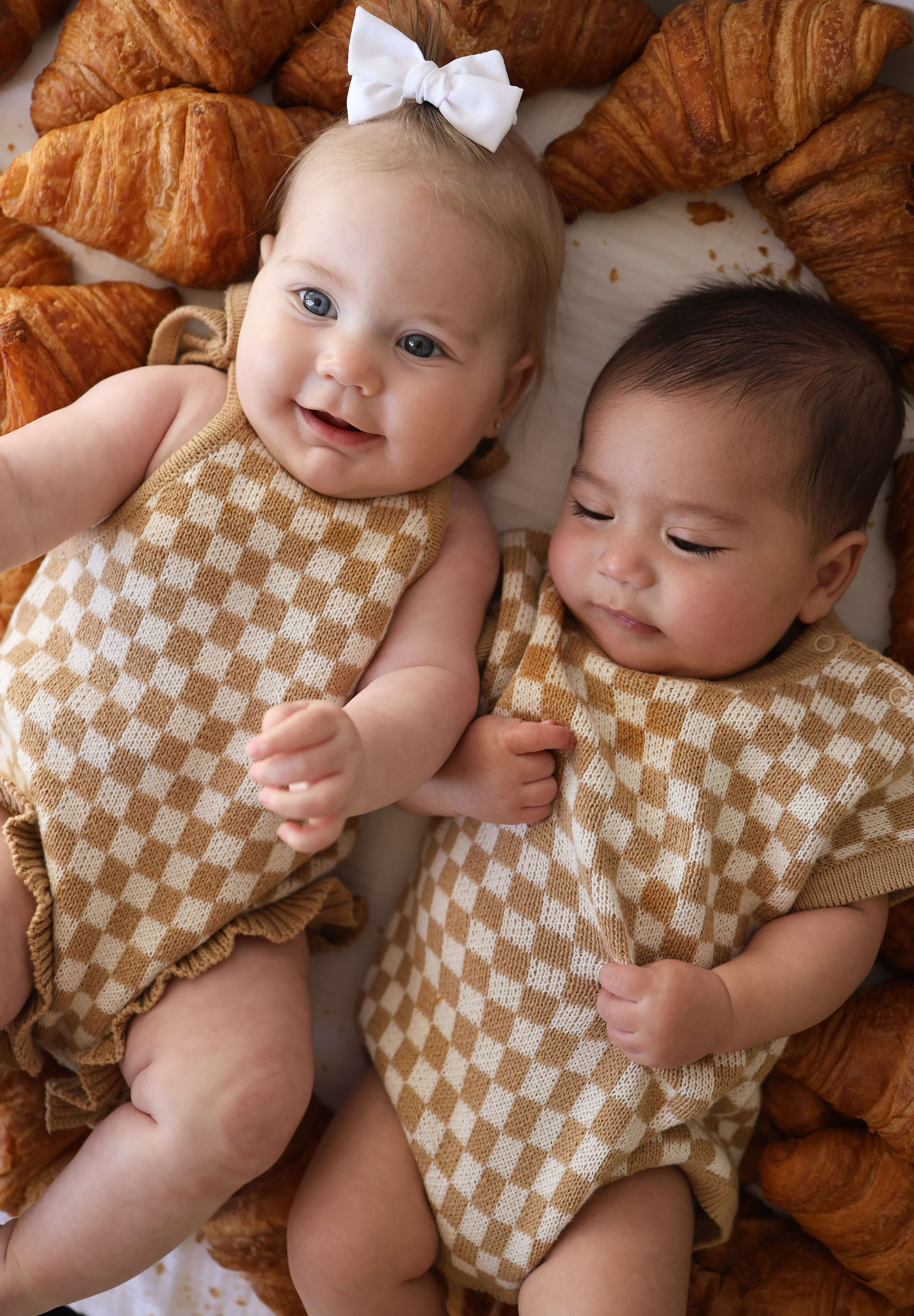 Latte Check | Knit Ruffle Romper | Milk & Baby