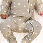 Sage Floral | Zip Romper on baby, featuring soft bamboo fabric and convenient double zippers for easy diaper changes.