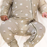 Sage Floral | Zip Romper on baby, featuring soft bamboo fabric and convenient double zippers for easy diaper changes.