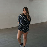 B&W Polka Dot | Women's Bamboo Short Set | Made with a soft, premium bamboo blend, this set is perfect for warm weather. It includes an oversized t-shirt and matching drawstring shorts. Designed for all-day comfort and easy wear. | Milk & Baby