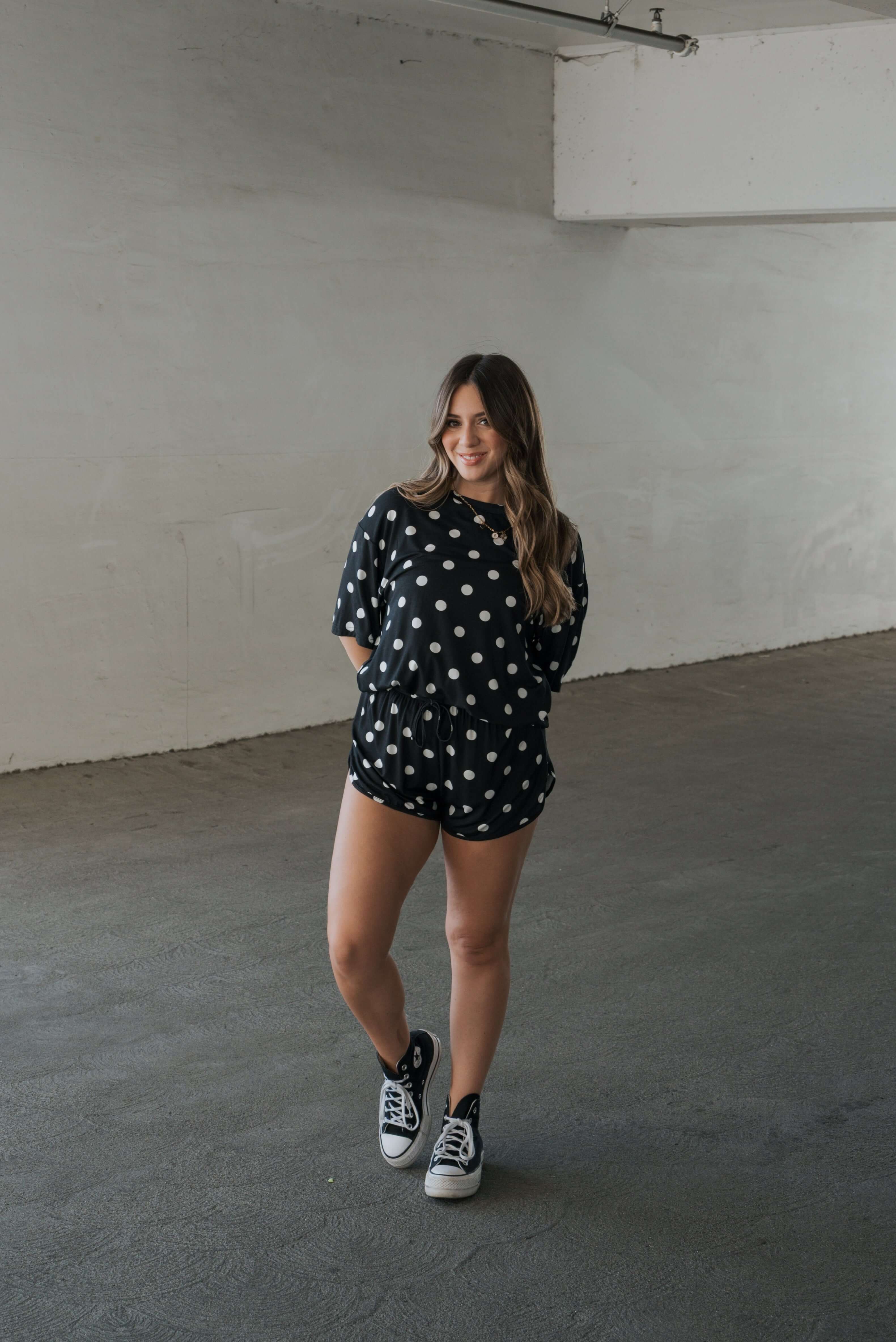 B&W Polka Dot | Women's Bamboo Short Set | Made with a soft, premium bamboo blend, this set is perfect for warm weather. It includes an oversized t-shirt and matching drawstring shorts. Designed for all-day comfort and easy wear. | Milk & Baby