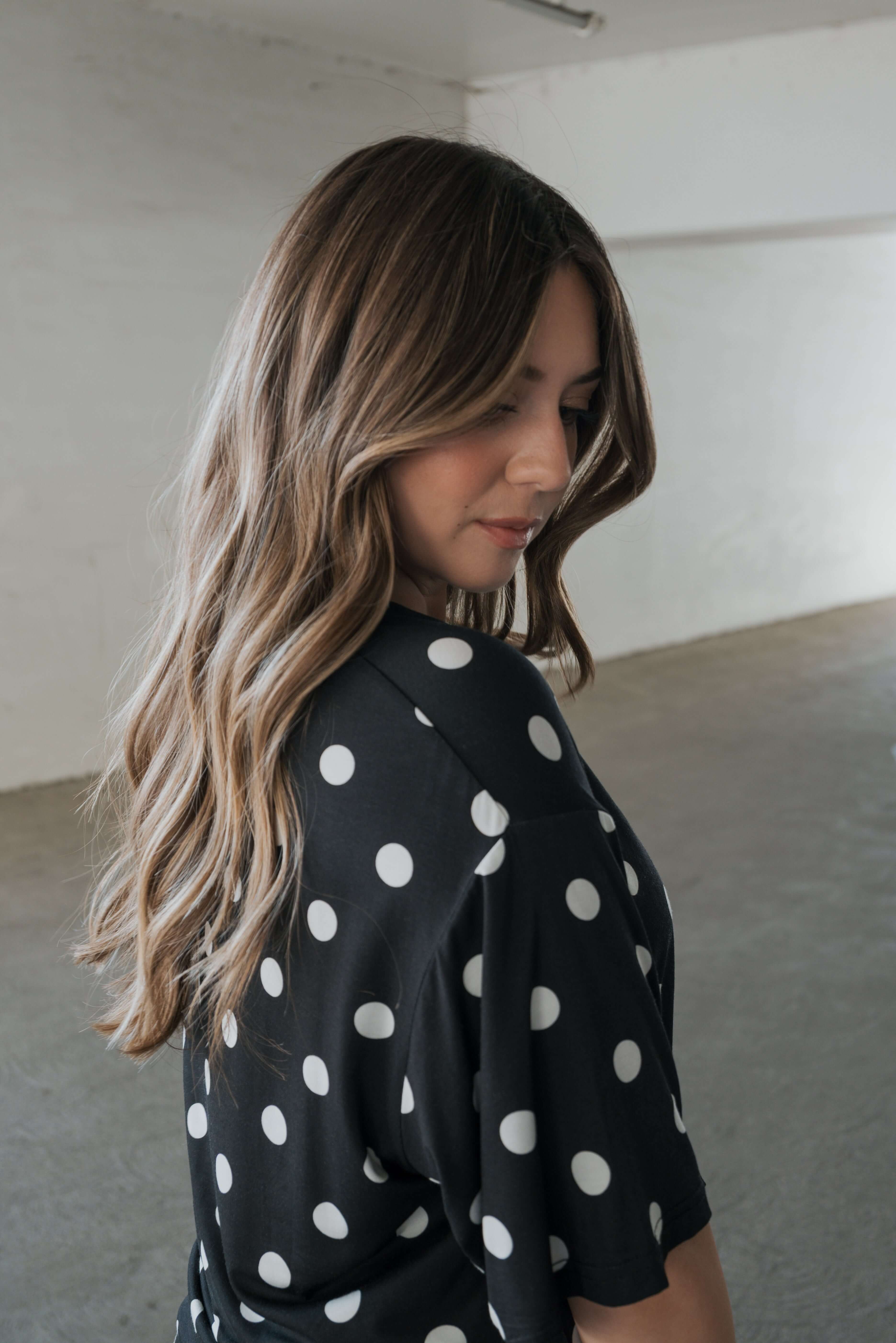B&W Polka Dot | Women's Bamboo Short Set | Made with a soft, premium bamboo blend, this set is perfect for warm weather. It includes an oversized t-shirt and matching drawstring shorts. Designed for all-day comfort and easy wear. | Milk & Baby