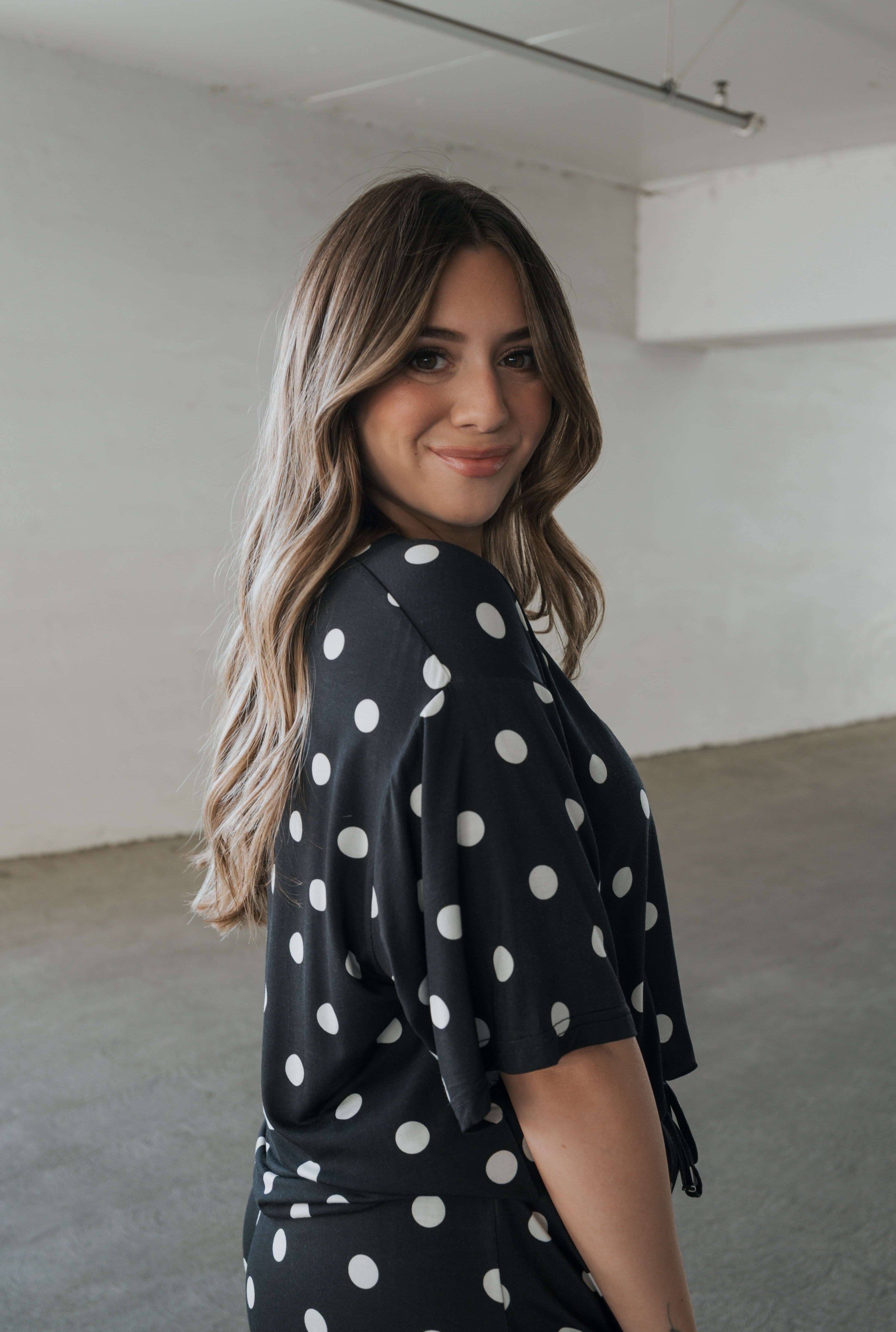 B&W Polka Dot | Women's Bamboo Short Set | Made with a soft, premium bamboo blend, this set is perfect for warm weather. It includes an oversized t-shirt and matching drawstring shorts. Designed for all-day comfort and easy wear. | Milk & Baby
