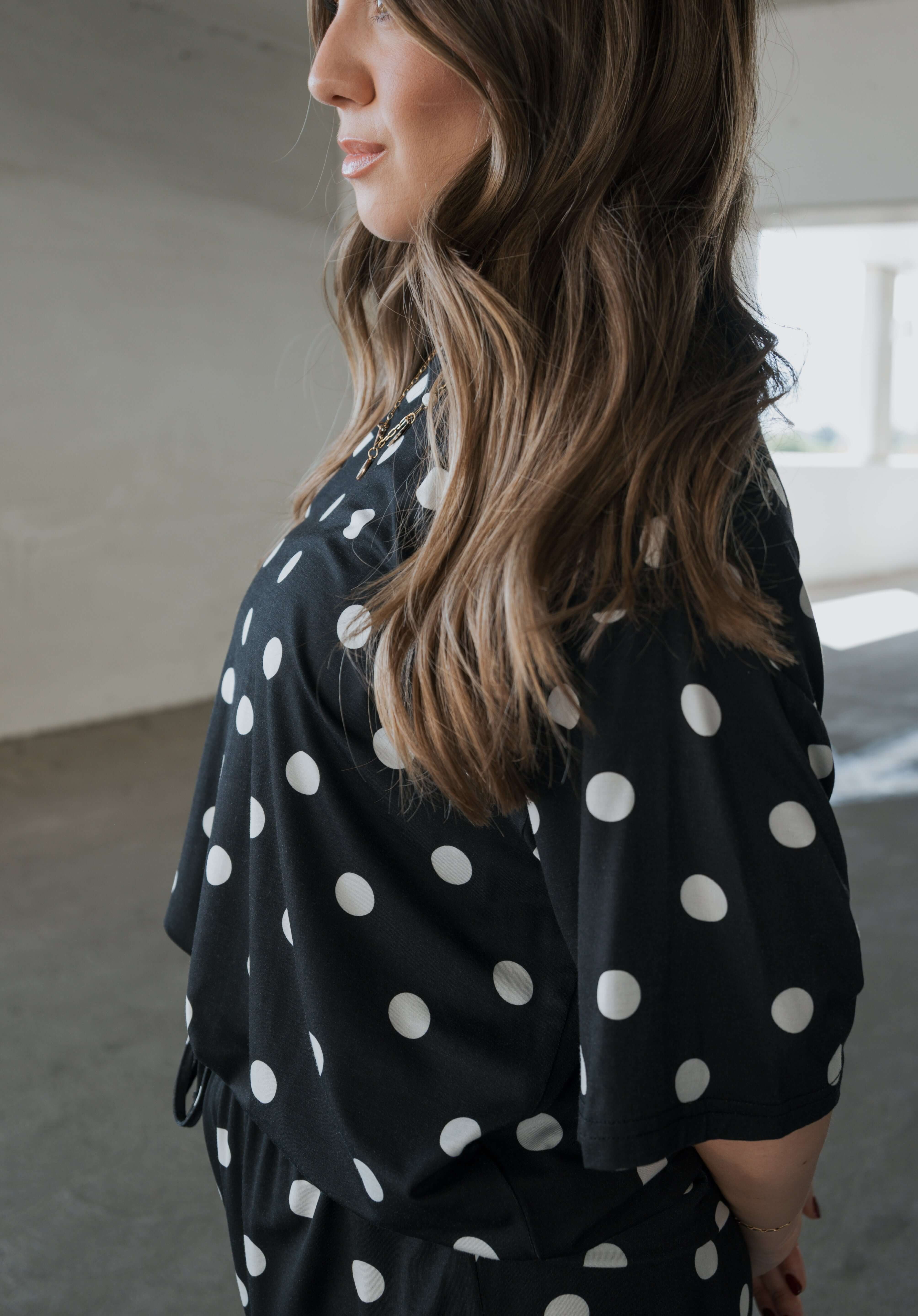 B&W Polka Dot | Women's Bamboo Short Set | Made with a soft, premium bamboo blend, this set is perfect for warm weather. It includes an oversized t-shirt and matching drawstring shorts. Designed for all-day comfort and easy wear. | Milk & Baby