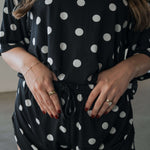 B&W Polka Dot | Women's Bamboo Short Set | Made with a soft, premium bamboo blend, this set is perfect for warm weather. It includes an oversized t-shirt and matching drawstring shorts. Designed for all-day comfort and easy wear. | Milk & Baby