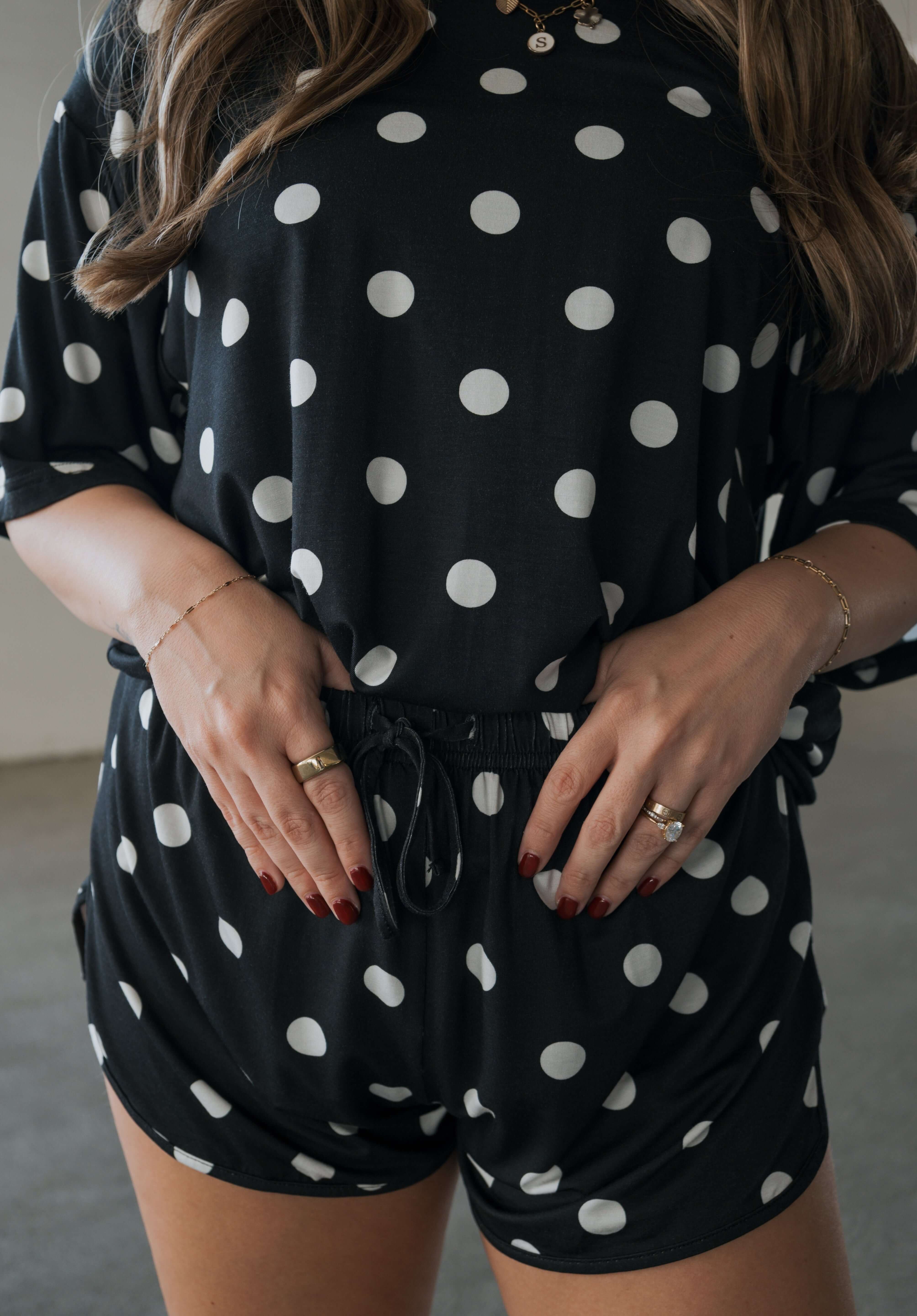 B&W Polka Dot | Women's Bamboo Short Set | Made with a soft, premium bamboo blend, this set is perfect for warm weather. It includes an oversized t-shirt and matching drawstring shorts. Designed for all-day comfort and easy wear. | Milk & Baby
