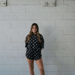 B&W Polka Dot | Women's Bamboo Short Set | Made with a soft, premium bamboo blend, this set is perfect for warm weather. It includes an oversized t-shirt and matching drawstring shorts. Designed for all-day comfort and easy wear. | Milk & Baby