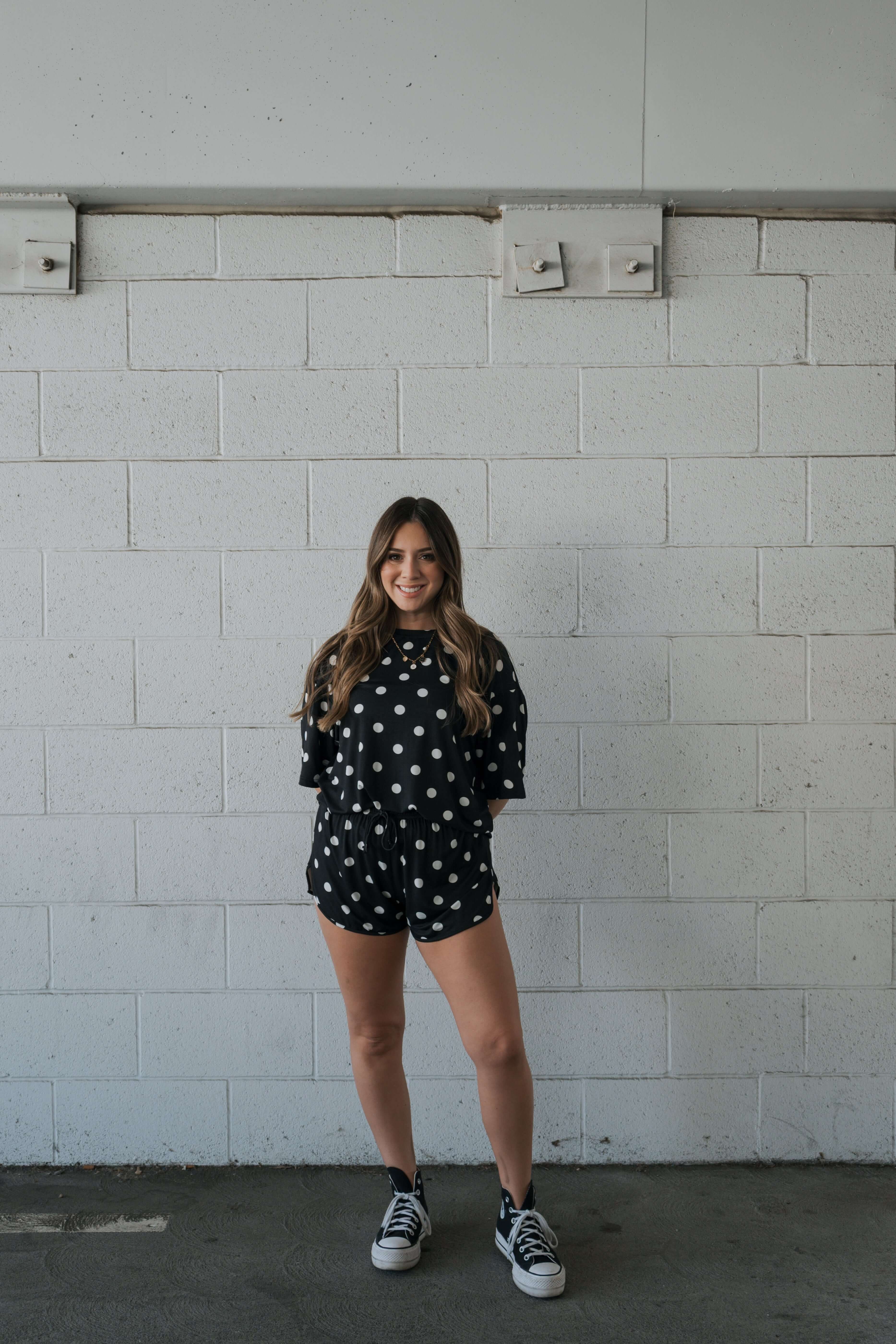 B&W Polka Dot | Women's Bamboo Short Set | Made with a soft, premium bamboo blend, this set is perfect for warm weather. It includes an oversized t-shirt and matching drawstring shorts. Designed for all-day comfort and easy wear. | Milk & Baby
