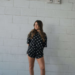 B&W Polka Dot | Women's Bamboo Short Set | Made with a soft, premium bamboo blend, this set is perfect for warm weather. It includes an oversized t-shirt and matching drawstring shorts. Designed for all-day comfort and easy wear. | Milk & Baby