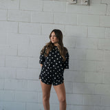 B&W Polka Dot | Women's Bamboo Short Set | Made with a soft, premium bamboo blend, this set is perfect for warm weather. It includes an oversized t-shirt and matching drawstring shorts. Designed for all-day comfort and easy wear. | Milk & Baby