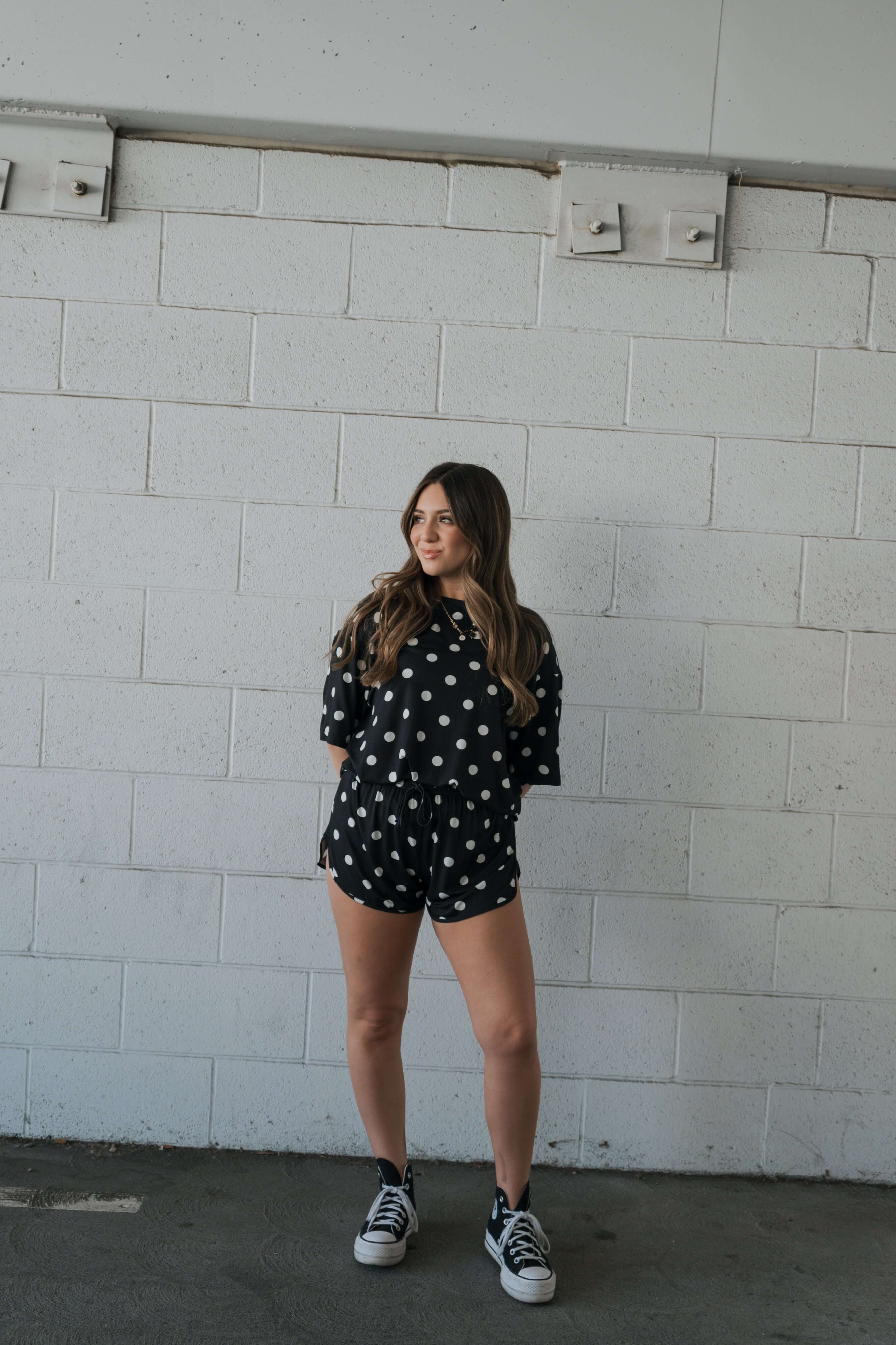 B&W Polka Dot | Women's Bamboo Short Set | Made with a soft, premium bamboo blend, this set is perfect for warm weather. It includes an oversized t-shirt and matching drawstring shorts. Designed for all-day comfort and easy wear. | Milk & Baby