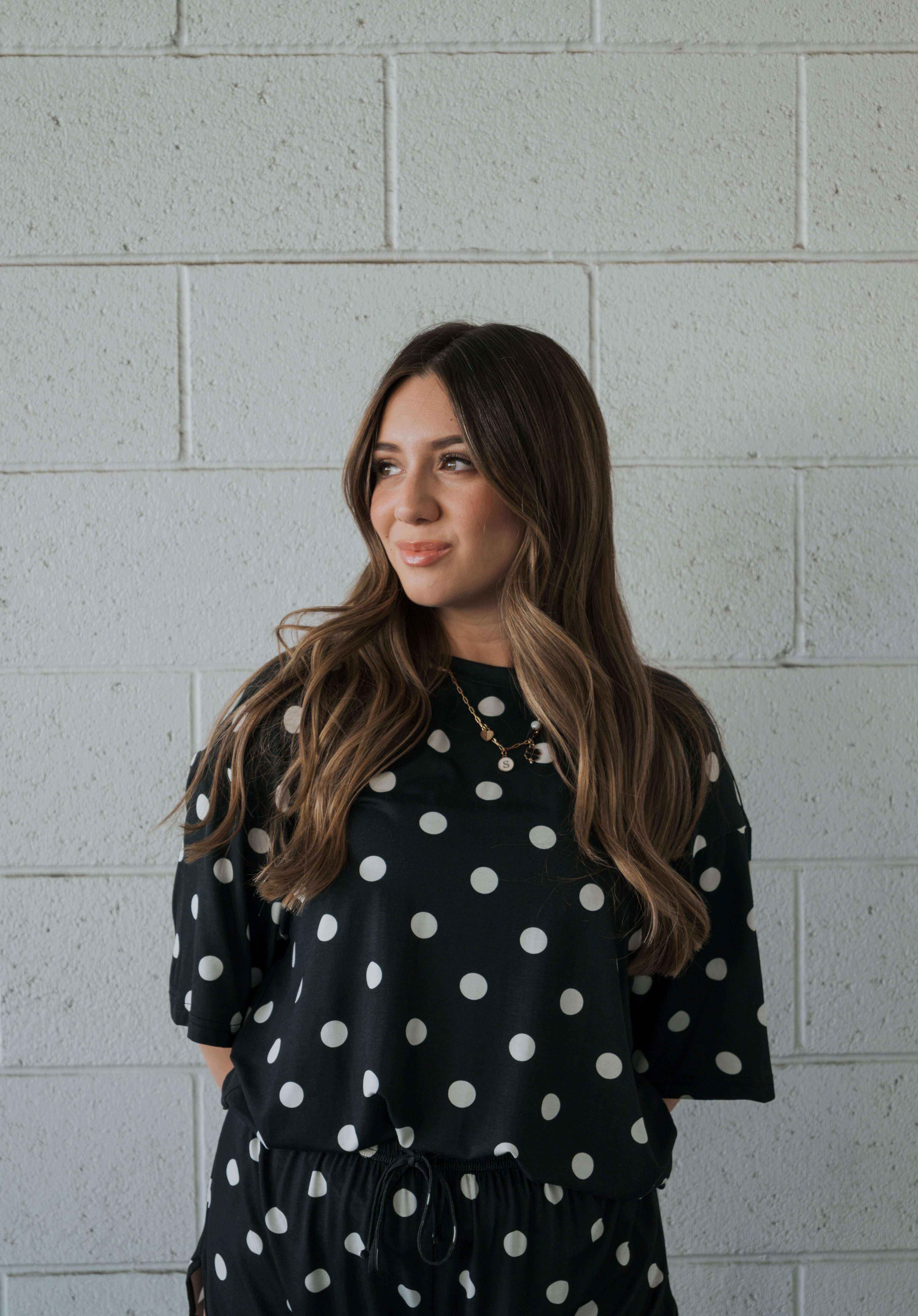 B&W Polka Dot | Women's Bamboo Short Set | Made with a soft, premium bamboo blend, this set is perfect for warm weather. It includes an oversized t-shirt and matching drawstring shorts. Designed for all-day comfort and easy wear. | Milk & Baby
