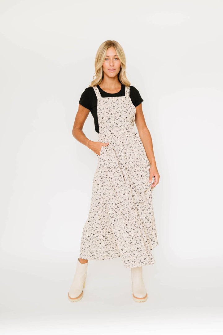 Shay Overall Dress in Black Floral Taupe | Nursing Friendly Milk & Baby