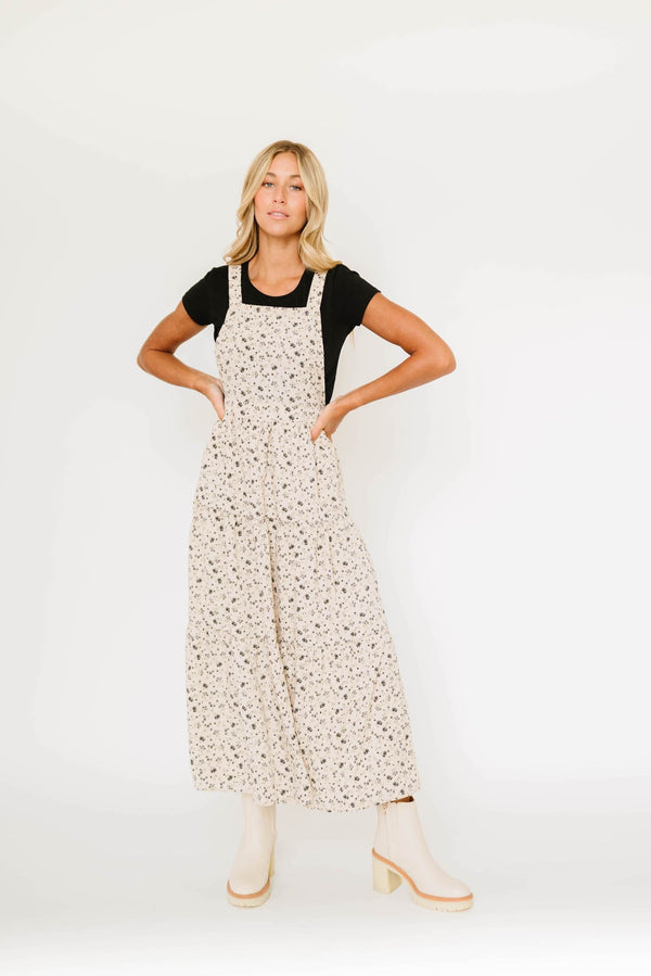 Shay Overall Dress in Black Floral Taupe | Nursing Friendly Milk & Baby