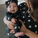 B&W Polka Dot | Bamboo Zip Pajamas | Made of the softest premium bamboo. Durable and well designed your little ones can sleep and play in these cozy pajamas. Our smallest sizes have rollover cuffs on the hands and all of the one piece sizes have cuffs on
