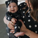 B&W Polka Dot | Bamboo Zip Pajamas | Made of the softest premium bamboo. Durable and well designed your little ones can sleep and play in these cozy pajamas. Our smallest sizes have rollover cuffs on the hands and all of the one piece sizes have cuffs on