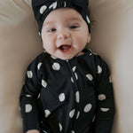 B&W Polka Dot | Bamboo Zip Pajamas | Made of the softest premium bamboo. Durable and well designed your little ones can sleep and play in these cozy pajamas. Our smallest sizes have rollover cuffs on the hands and all of the one piece sizes have cuffs on