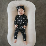 B&W Polka Dot | Bamboo Zip Pajamas | Made of the softest premium bamboo. Durable and well designed your little ones can sleep and play in these cozy pajamas. Our smallest sizes have rollover cuffs on the hands and all of the one piece sizes have cuffs on